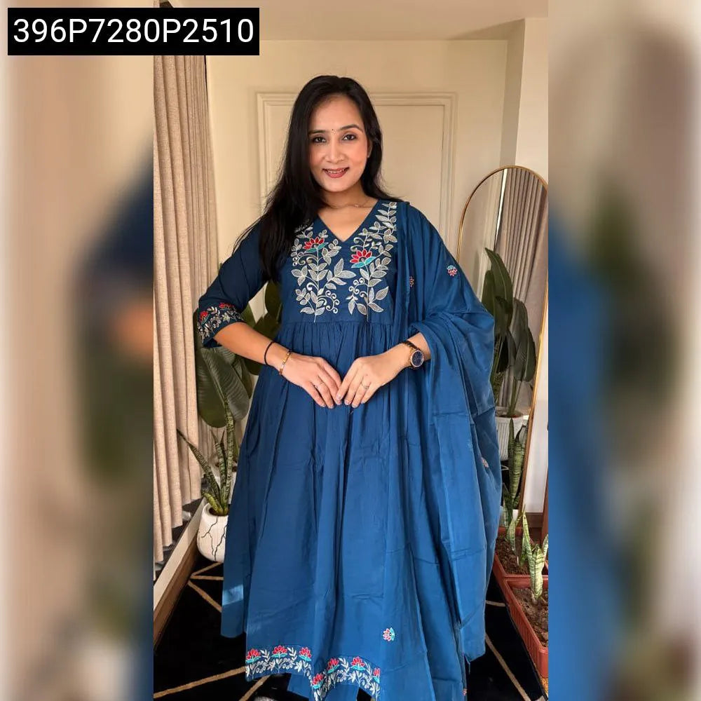 TRENDBUY Women's Teal Blue Embroidered Anarkali Kurti Set, model smiling