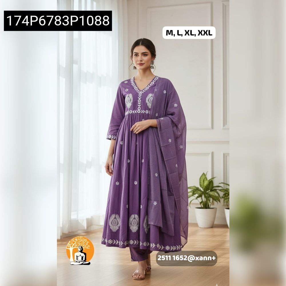 Model standing, front view, wearing a purple embroidered Anarkali kurti set.