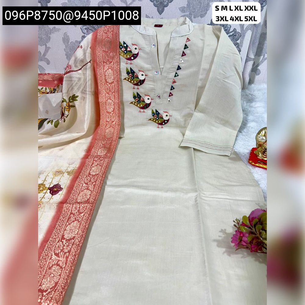 Cream Banana Silk Kurti Pant Dupatta Set with bird embroidery and jacquard dupatta