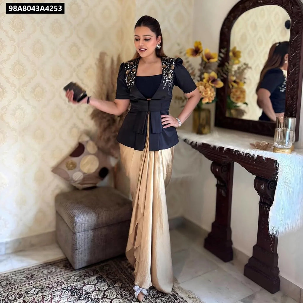 TRENDBUY Women's Black & Gold Embroidered Blazer Dhoti Set - Front View with Mirror