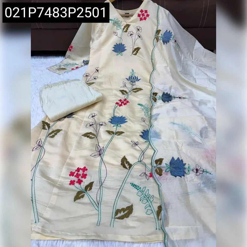 Flat lay of cream chanderi cotton suit set with embroidered kurta, pant, and dupatta