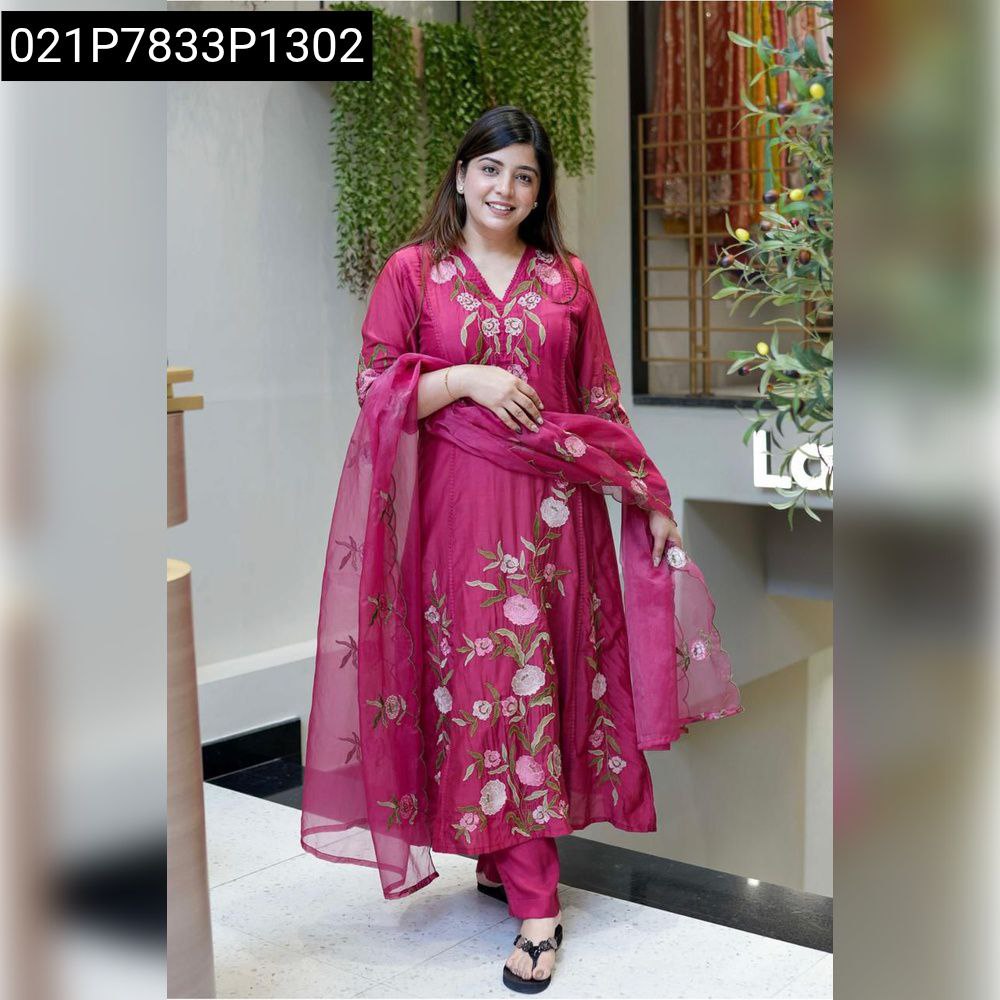 Women's Embroidered Chanderi Silk Suit Set in Deep Pink, full body model posing