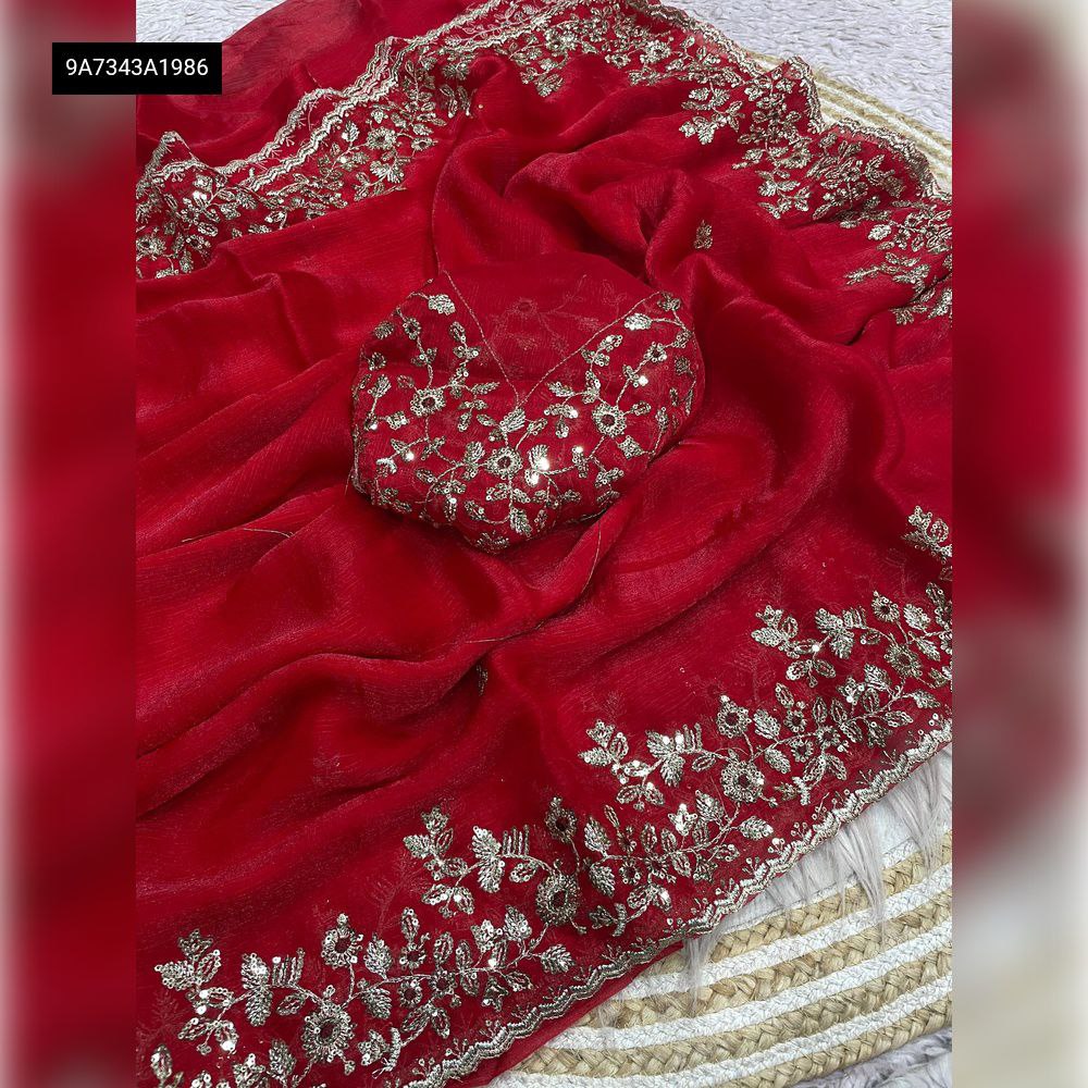 Red Heavy Soft Fandy Chiffon Silk Saree with Zari and Sequence Embroidery