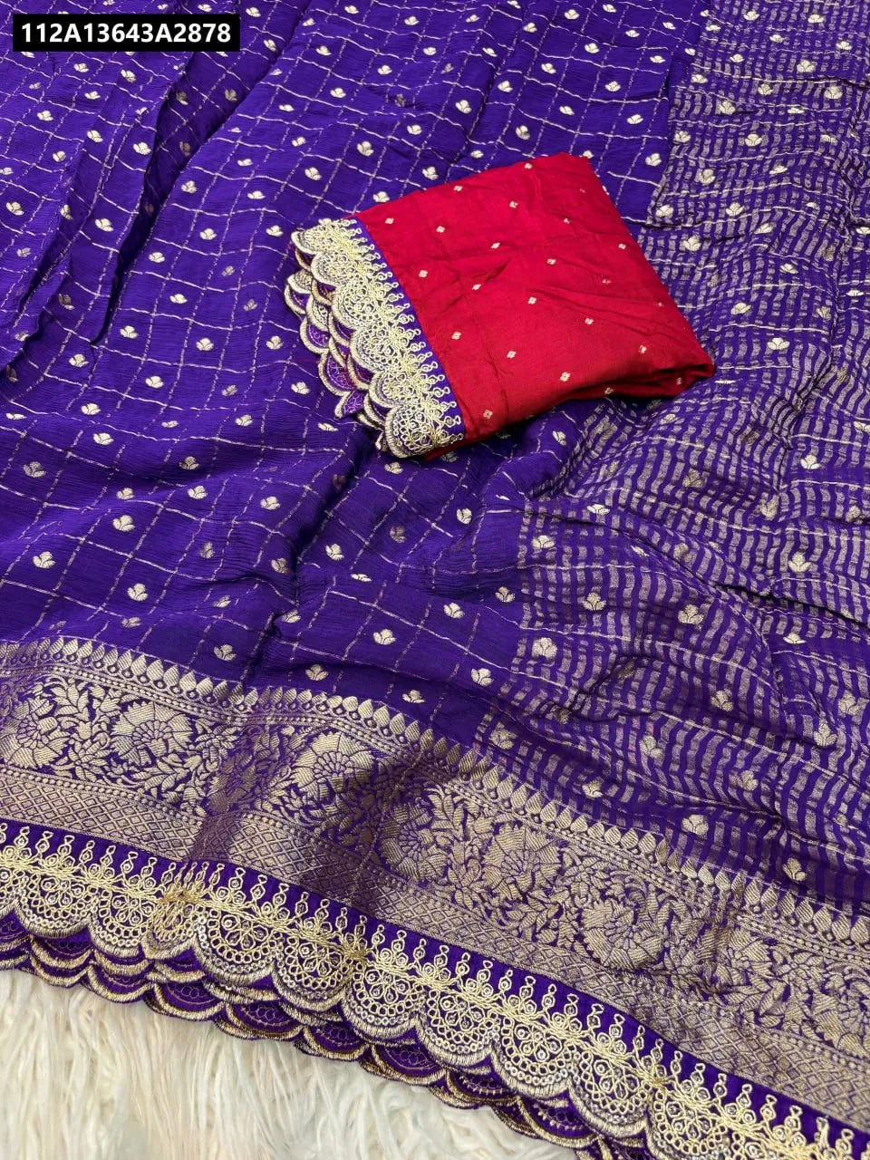 TRENDBUY Pure Viscose Chinnon Saree in Purple with Red Embroidered Blouse Piece