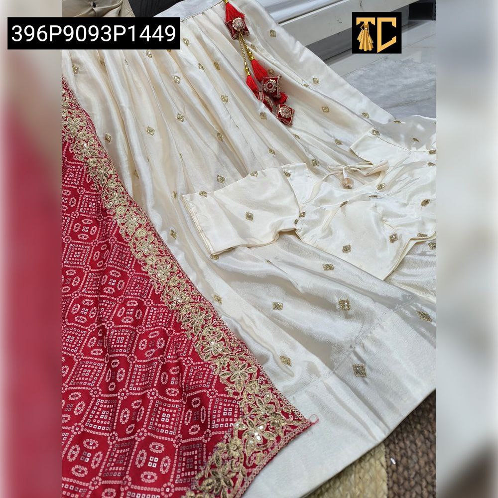TRENDBUY Chinnon Silk Embroidered Lehenga Set with Bandhani Dupatta - Flat Lay