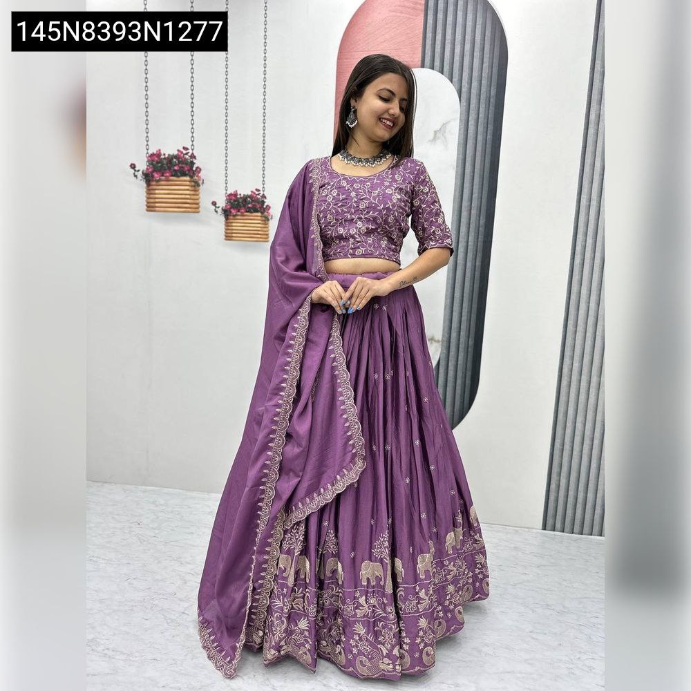 Model in Lavender Chinon Lehenga with embroidery, front view, smiling
