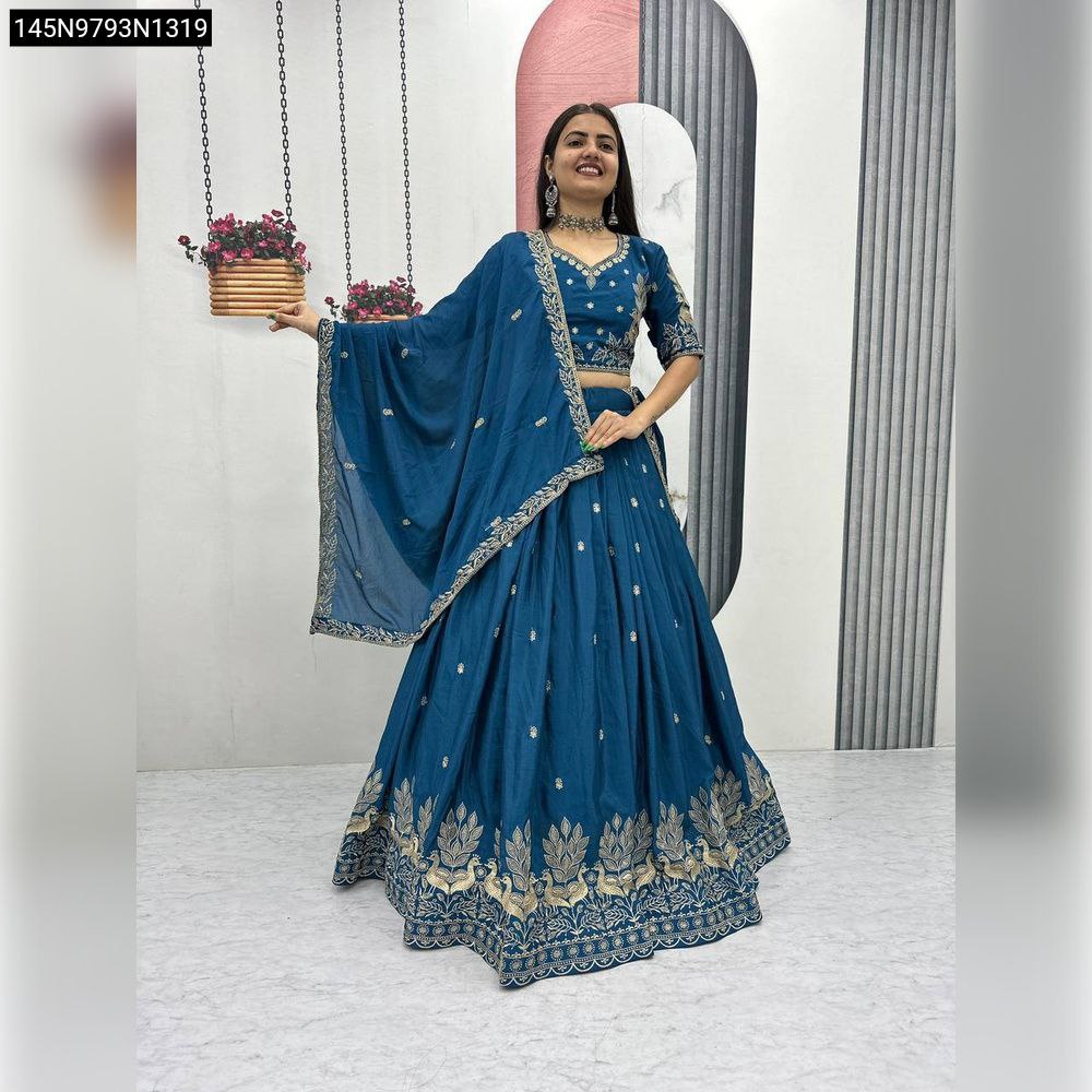 Model wearing Teal Blue Embroidered Chinon Lehenga Choli, front view