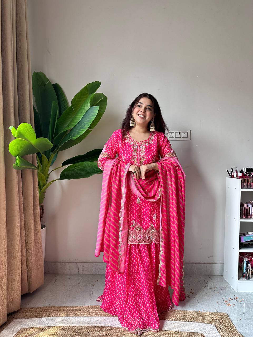Women's Hot Pink Chinon Sharara Set with Embroidery and Diamond Work, front view