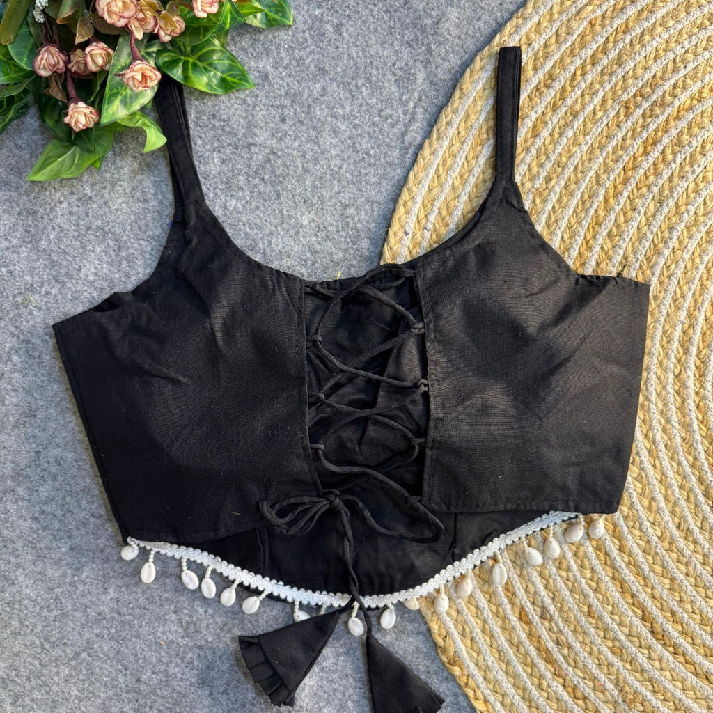 Black Corset Style Spaghetti Blouse with back lacing and shell details
