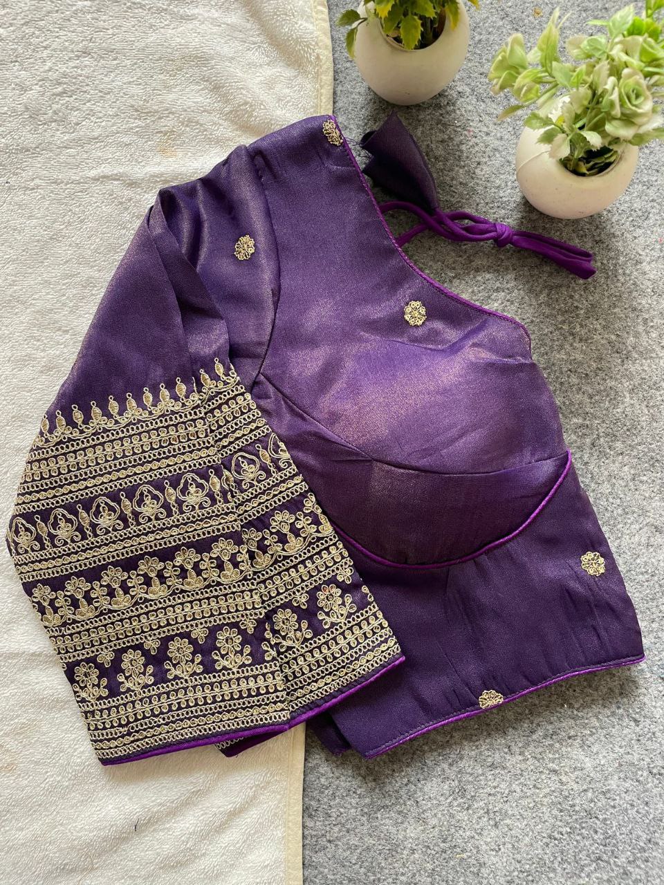 Regal Purple Embroidered Cosmos Silk Blouse with Gold Thread Work on Sleeves