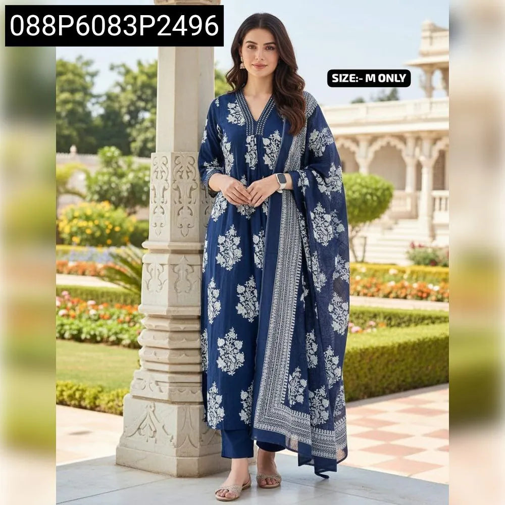 TRENDBUY Navy Blue Floral Print Cotton Kurta Set with Malmal Dupatta for Women, Front View.