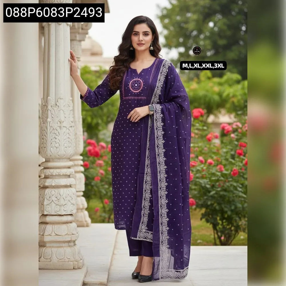 TRENDBUY Deep Purple Cotton Kurta Set with patterned dupatta and intricate embroidery, perfect for traditional wear.