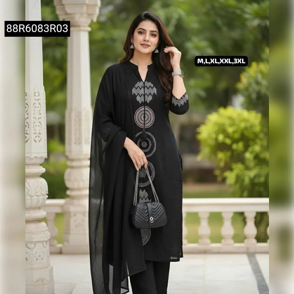 TRENDBUY Women's Black Embroidered Cotton Kurta Set with Dupatta, front view
