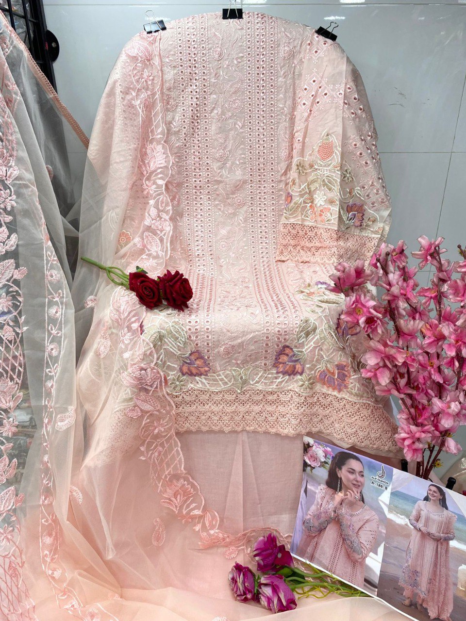 TRENDBUY Blush Pink Embroidered Cotton Kurta Set with Organza Dupatta