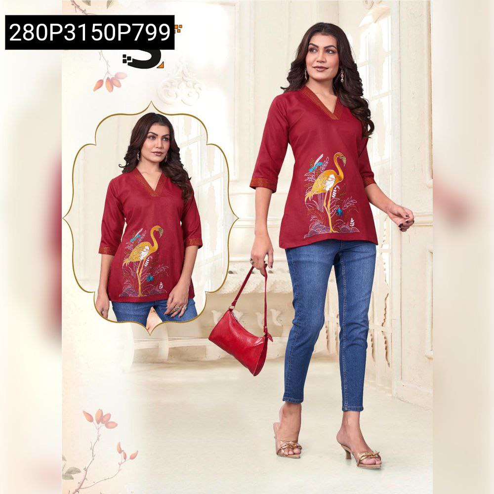 Women's Embroidered Cotton Tunic Top in Maroon with Jeans, front pose