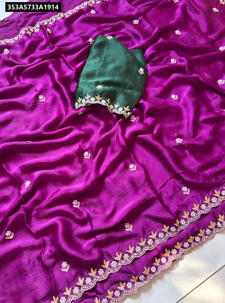 Majestic Purple Crush Silk Saree with Scalloped Embroidery and Emerald Green Blouse by TRENDBUY