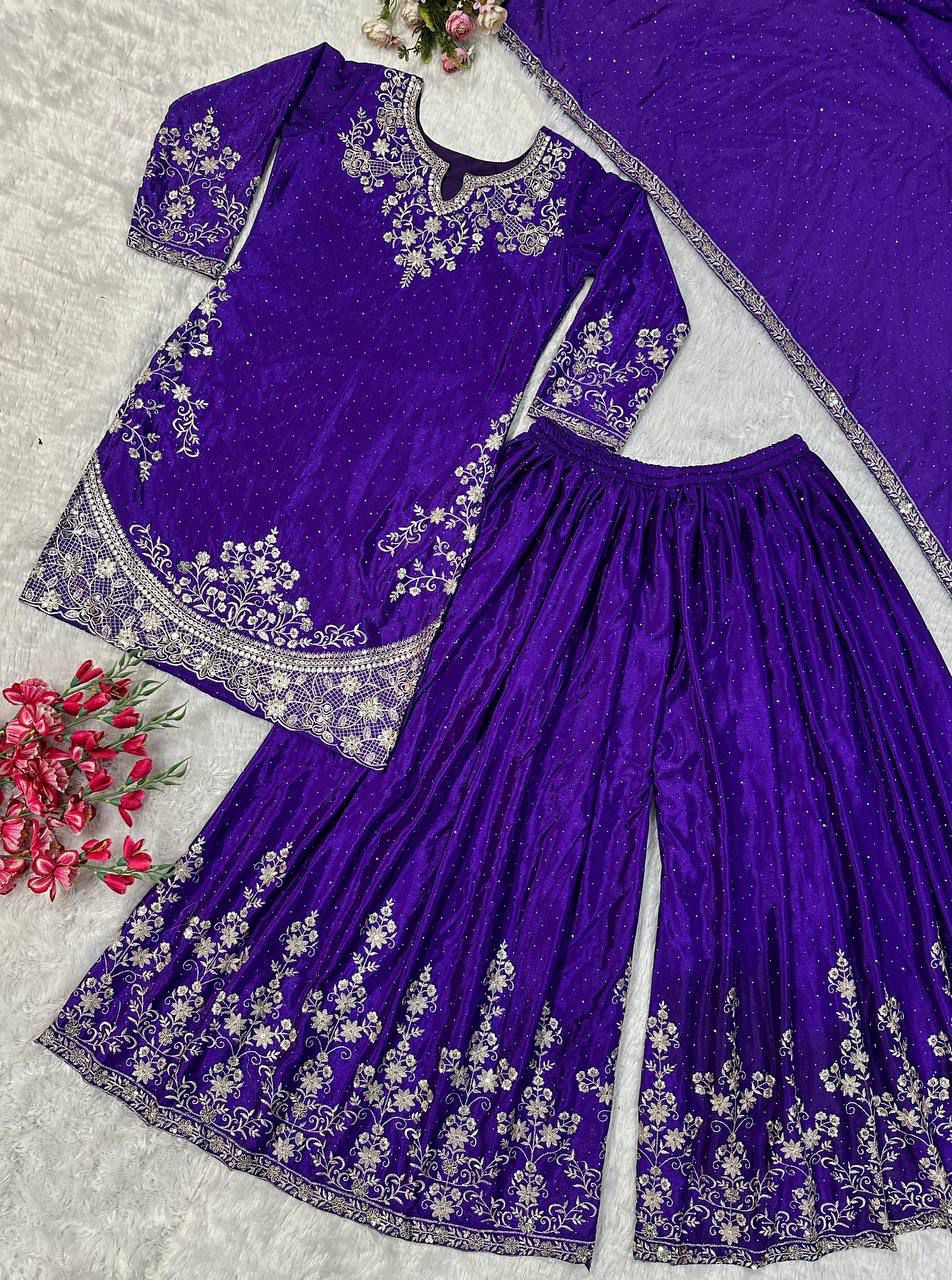 TRENDBUY Royal Purple Embroidered Chinon Silk Sharara Suit Set