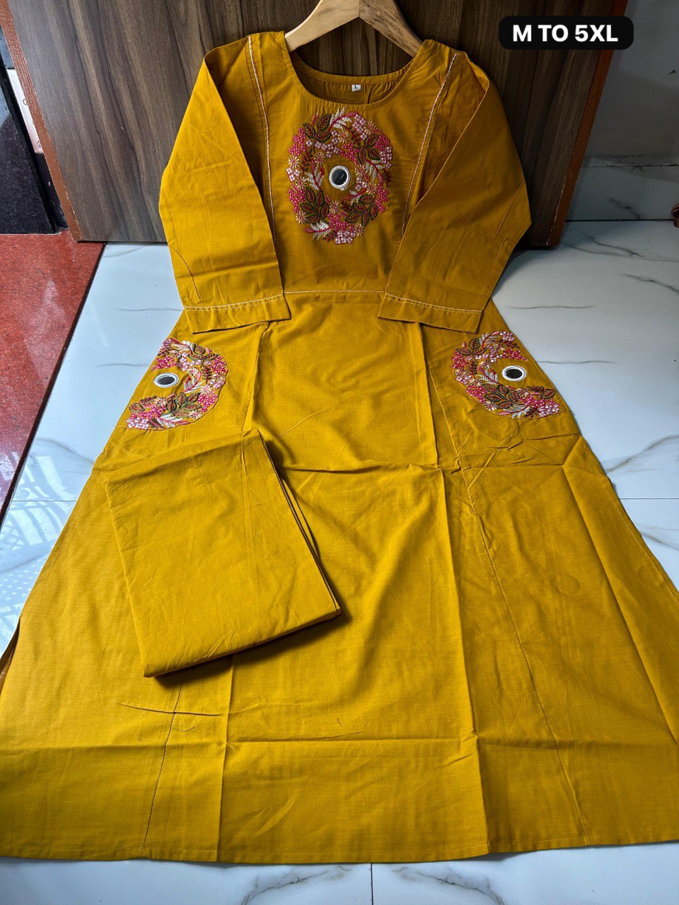 TRENDBUY Mustard Yellow Dhabu Cotton Kurti Set with embroidered neckline and side pockets