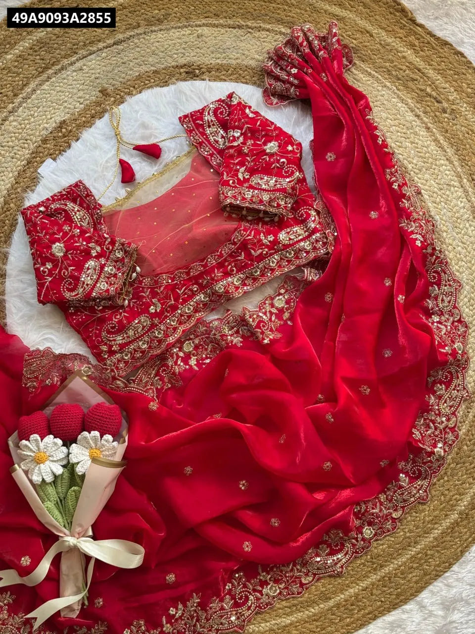Red Fandy Satin Saree with Heavy Embroidery Sequence and Jari Work Blouse, flat lay on white rug