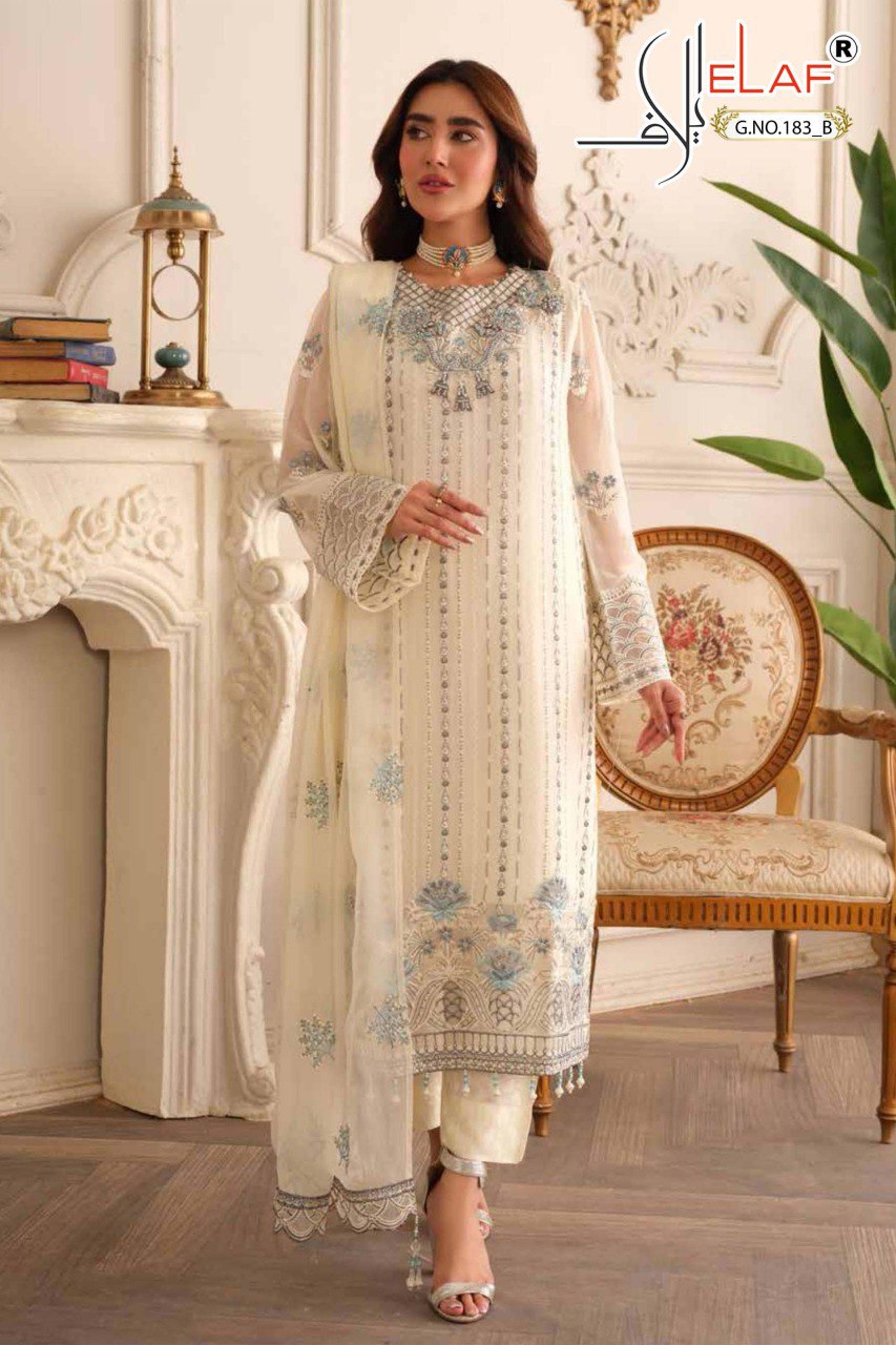 Model wearing Cream Embroidered Faux Georgette Kurti Set with blue embroidery and pearl work, full view.