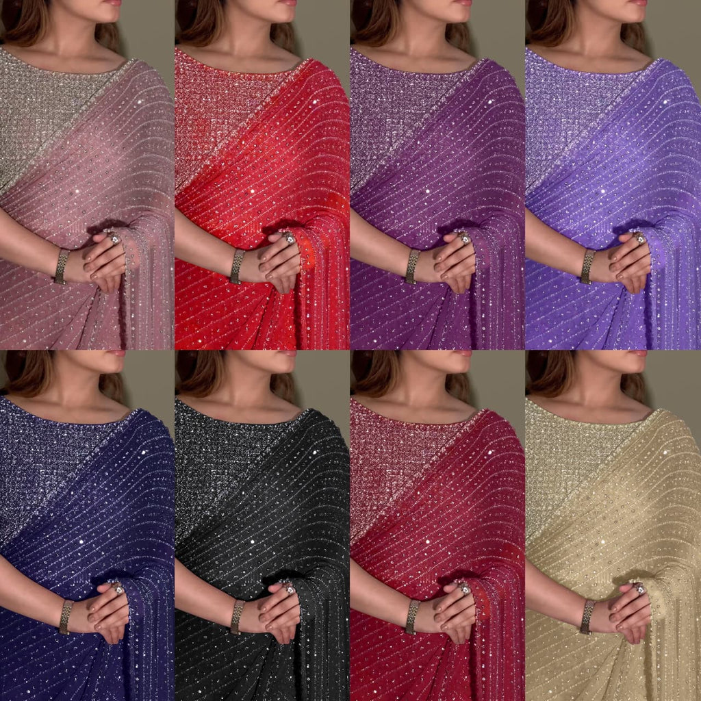 TRENDBUY Multi-color sequin faux georgette sarees with embroidered blouses, perfect for festive wear.