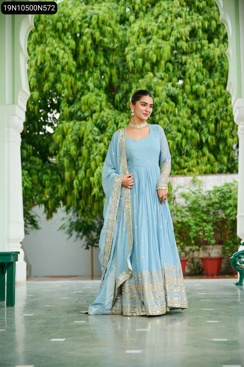 Full body view of model posing gracefully in sky blue faux georgette party wear gown