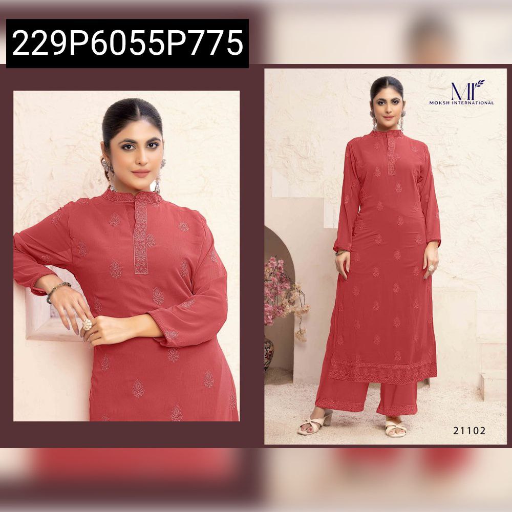 Women's Coral Red Fox Georgette Kurta Pant Set with Embroidery, model shot