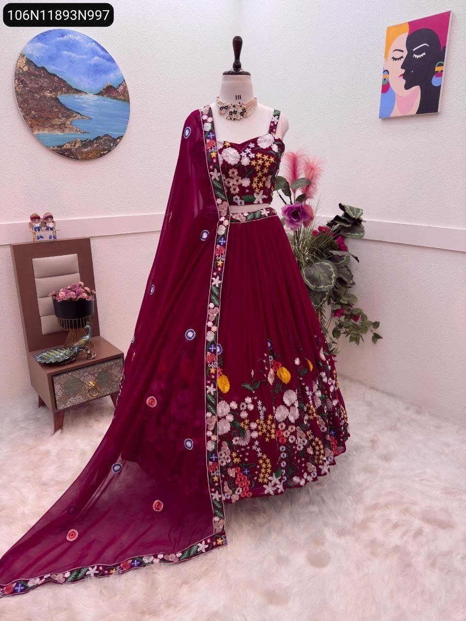 TRENDBUY Embroidered Fox Georgette Lehenga Choli in Maroon, front view on mannequin.