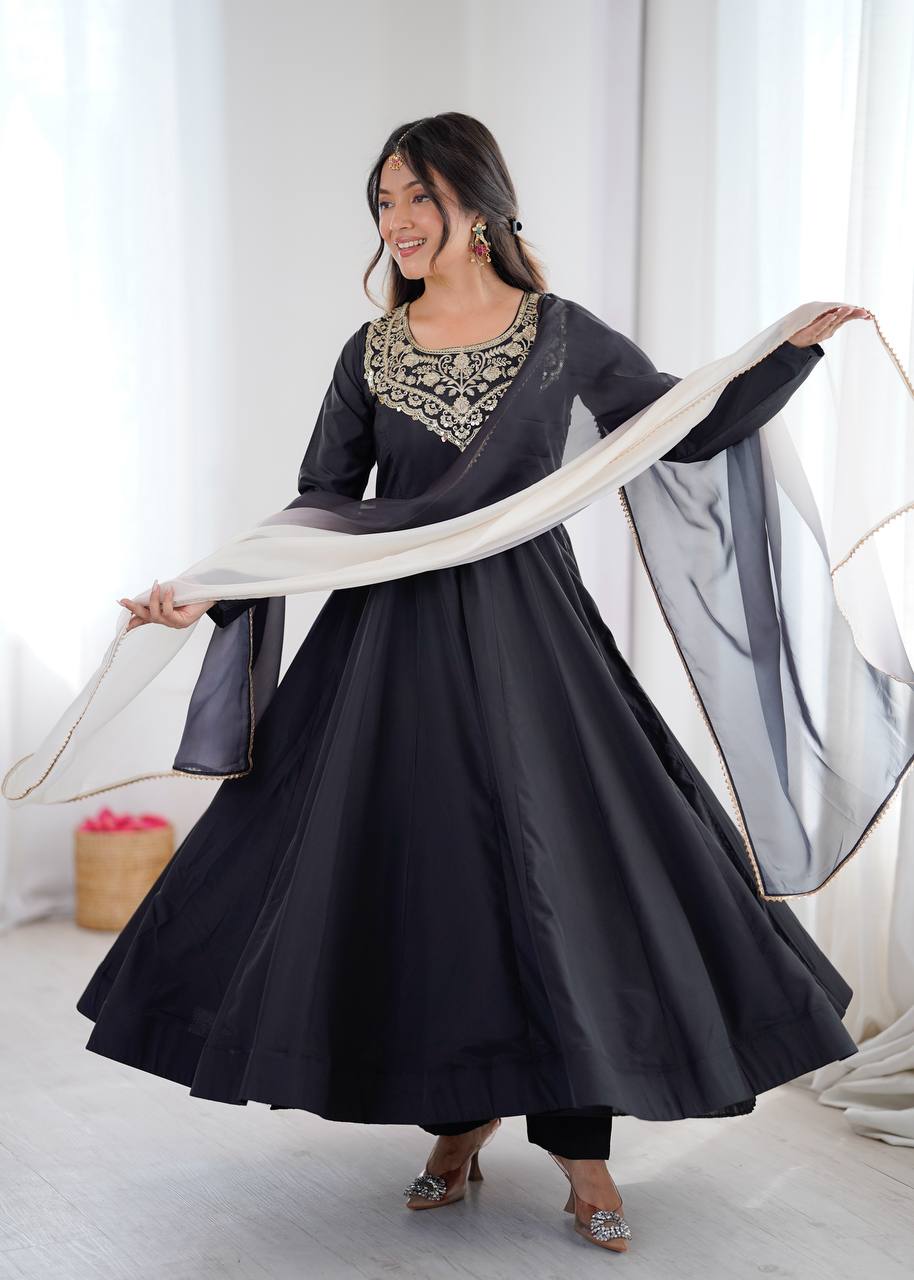 Elegant Women's Black French Crape Gown Set with Zardosi Embroidery and Ombre Dupatta, front pose