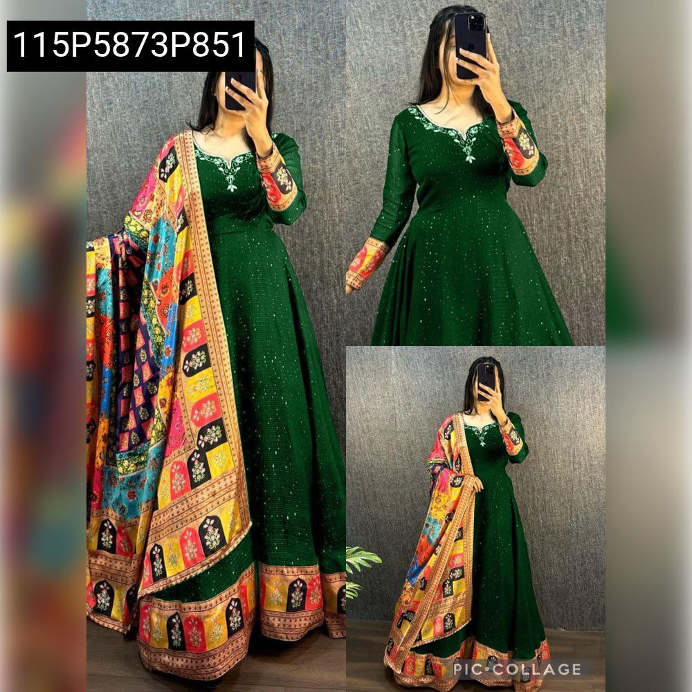 Emerald Green embroidered georgette gown with colorful dupatta, full body shot model