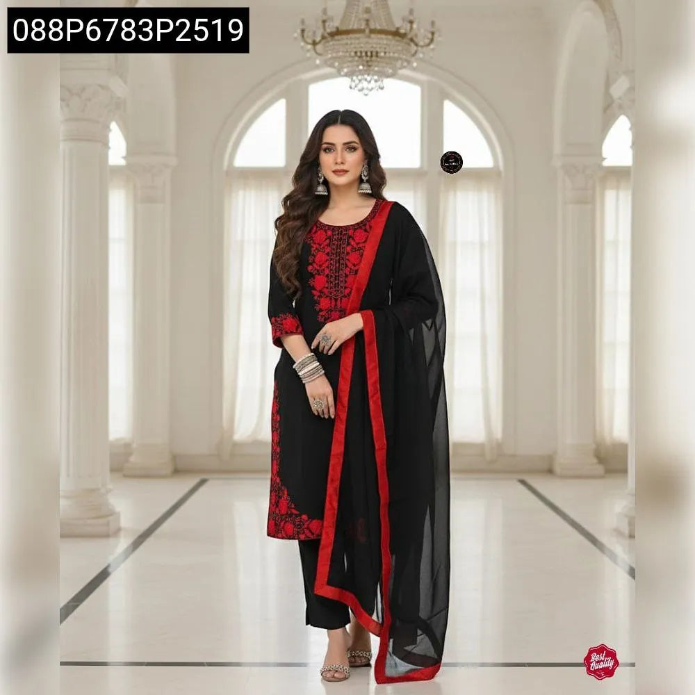 TRENDBUY Women's Black Georgette Kurti Set with Red Embroidery and Dupatta - Full View