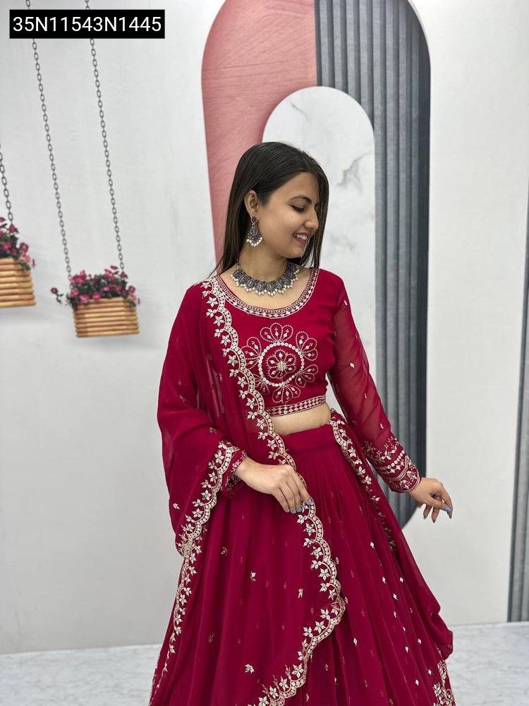 TRENDBUY Women's Red Embroidered Georgette Lehenga Choli with Sequence Work