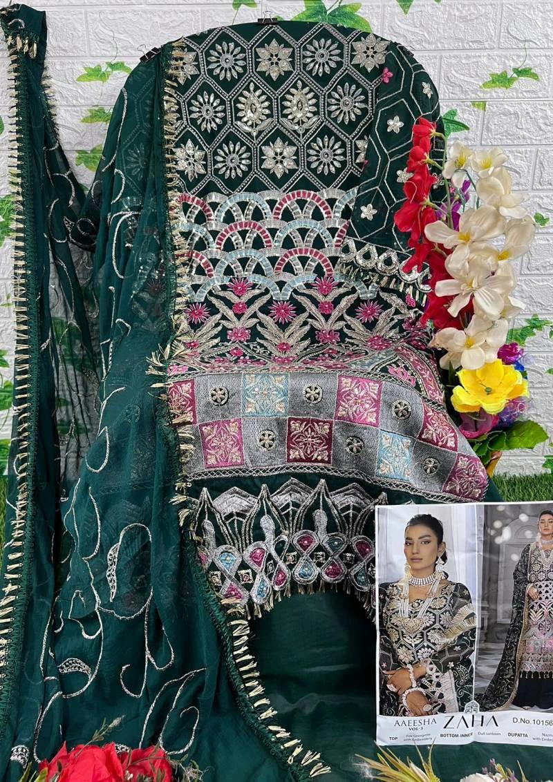 TRENDBUY Emerald Green Embroidered Georgette Salwar Suit with Dupatta