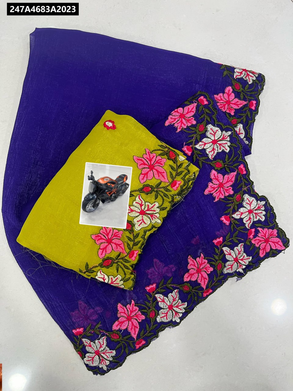TRENDBUY Purple Embroidered Georgette Saree with Yellow Blouse
