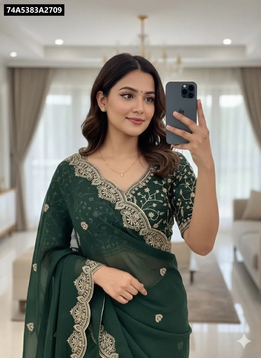 Model wearing a Forest Green Georgette Saree with delicate star embroidery, perfect for festive occasions.