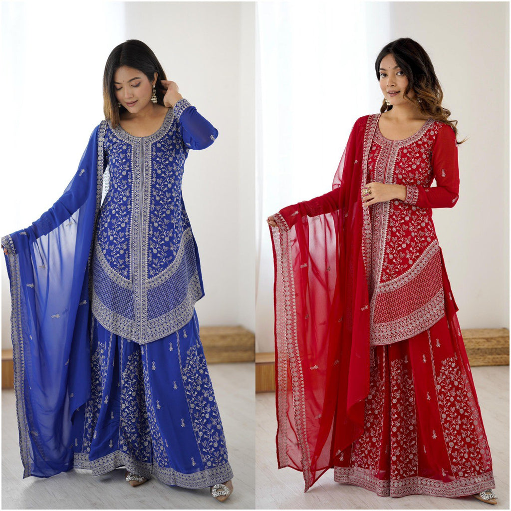 Model showcasing TRENDBUY embroidered georgette sharara sets in royal blue and vibrant red.
