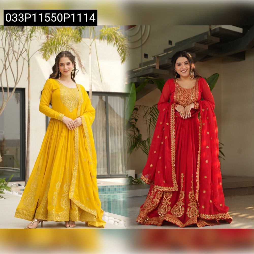 Two models posing, one in yellow and one in red embroidered faux blooming gowns with dupattas.