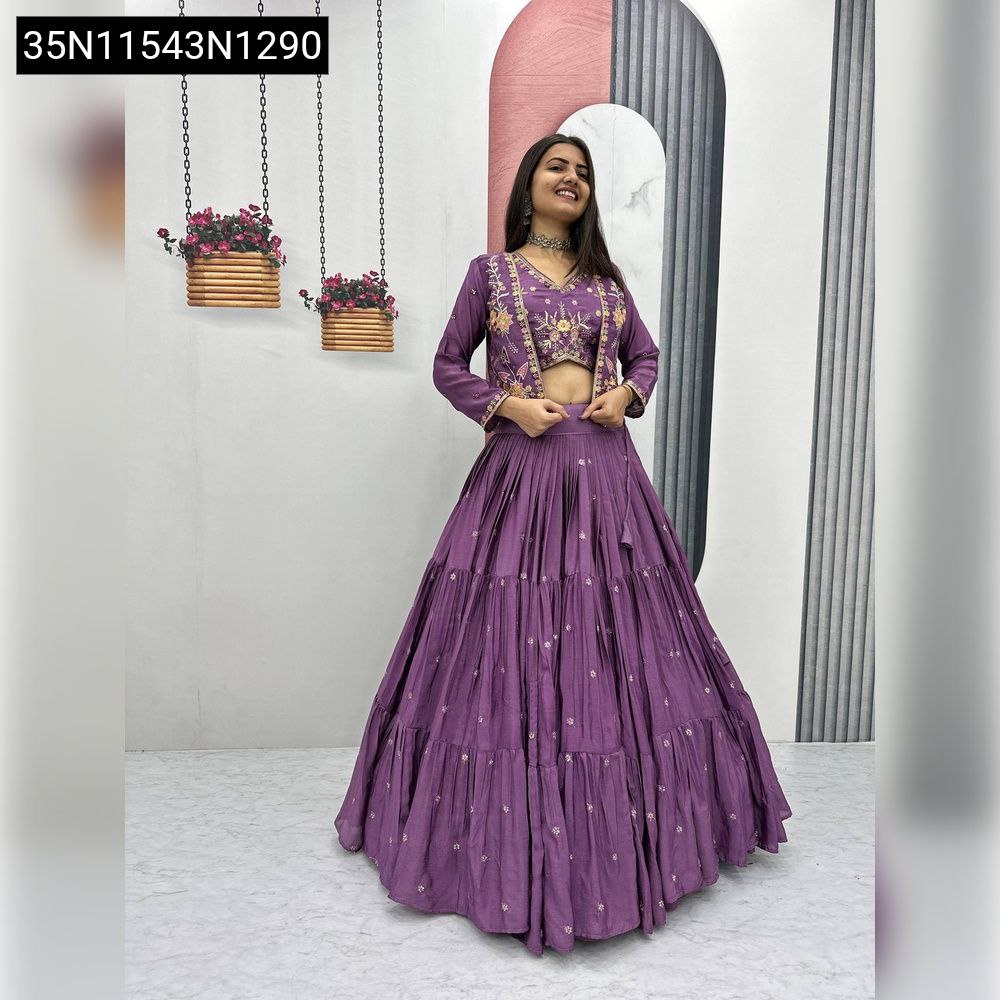 TRENDBUY model in Lavender Embroidered Jacket Chinon Lehenga, full body front facing