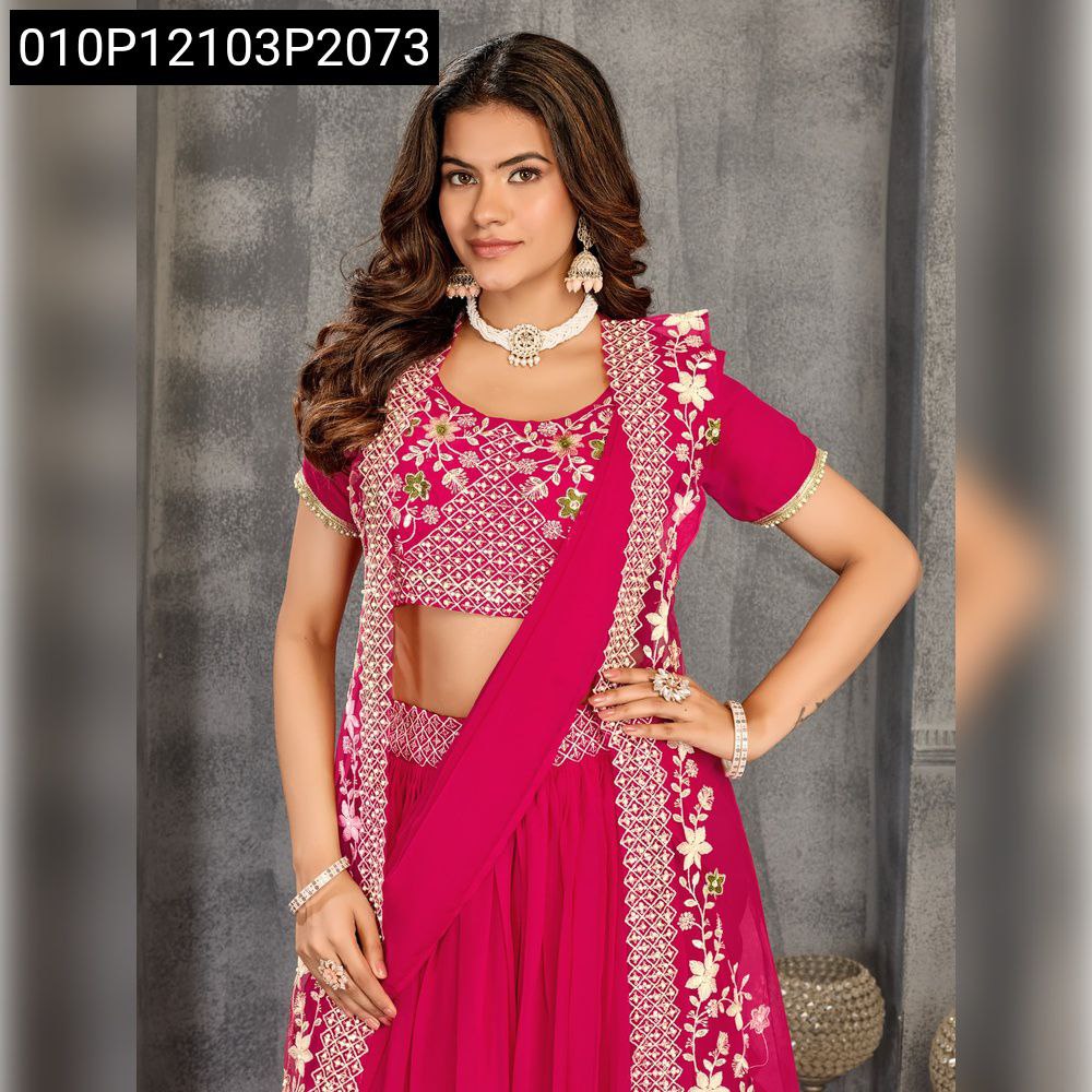 TRENDBUY Embroidered Jacket Lehenga Choli Set in Magenta, front view