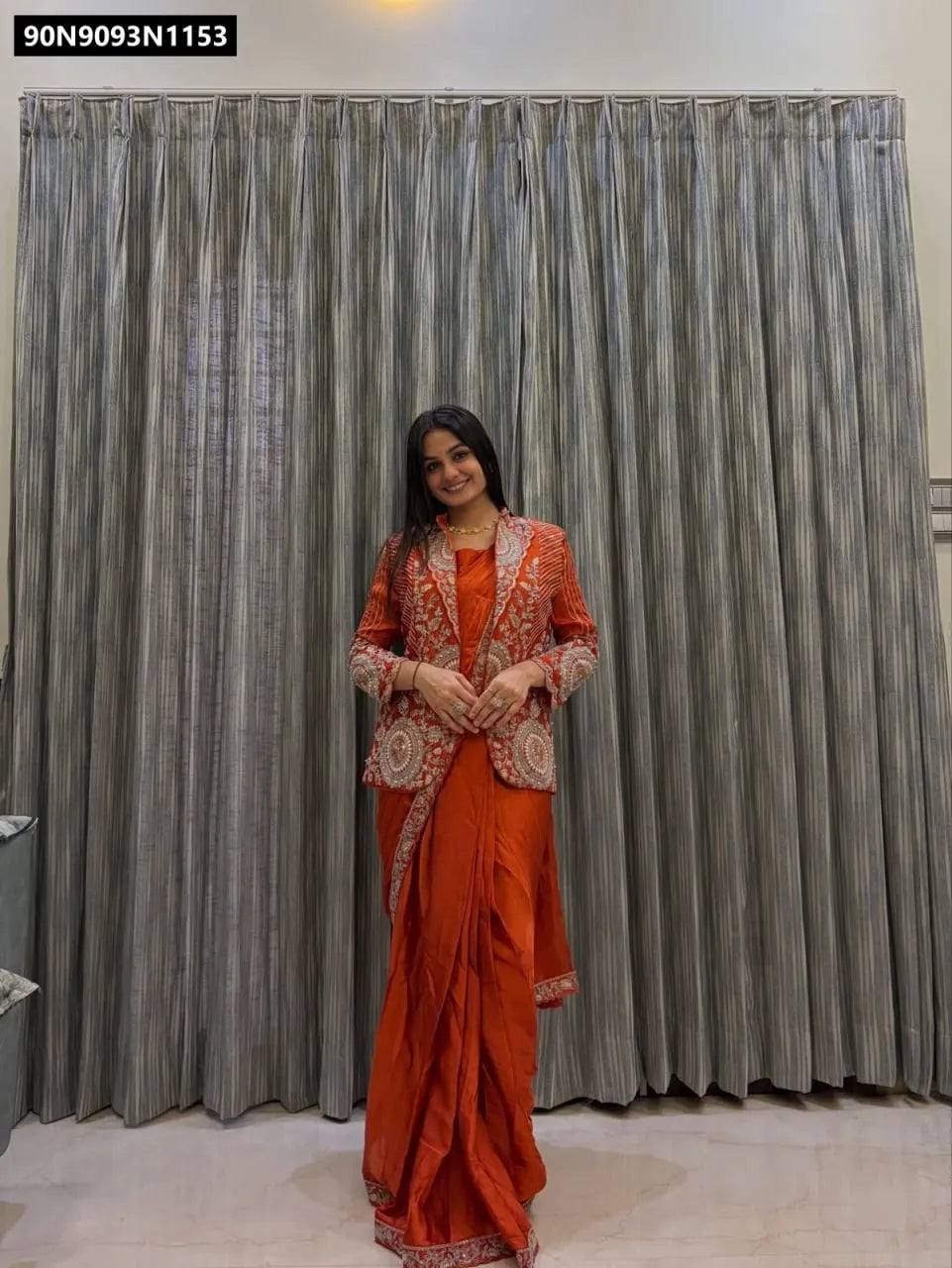 Model wearing TRENDBUY Rust Orange Ready-to-Wear Saree set, full length front-facing