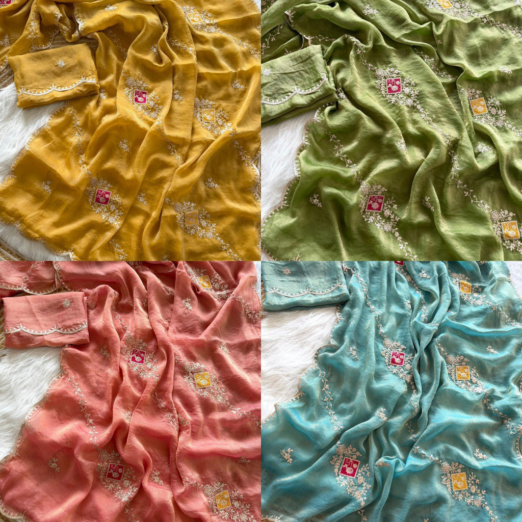TRENDBUY Jari Moss Silk Sarees in Mustard Yellow, Olive Green, Peach, and Aqua Blue with intricate embroidery.