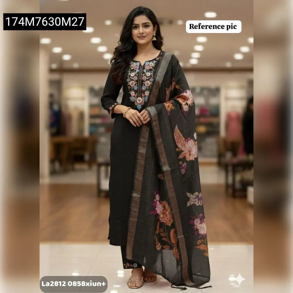 Model wearing Black Embroidered Kurta Set with Digital Dupatta