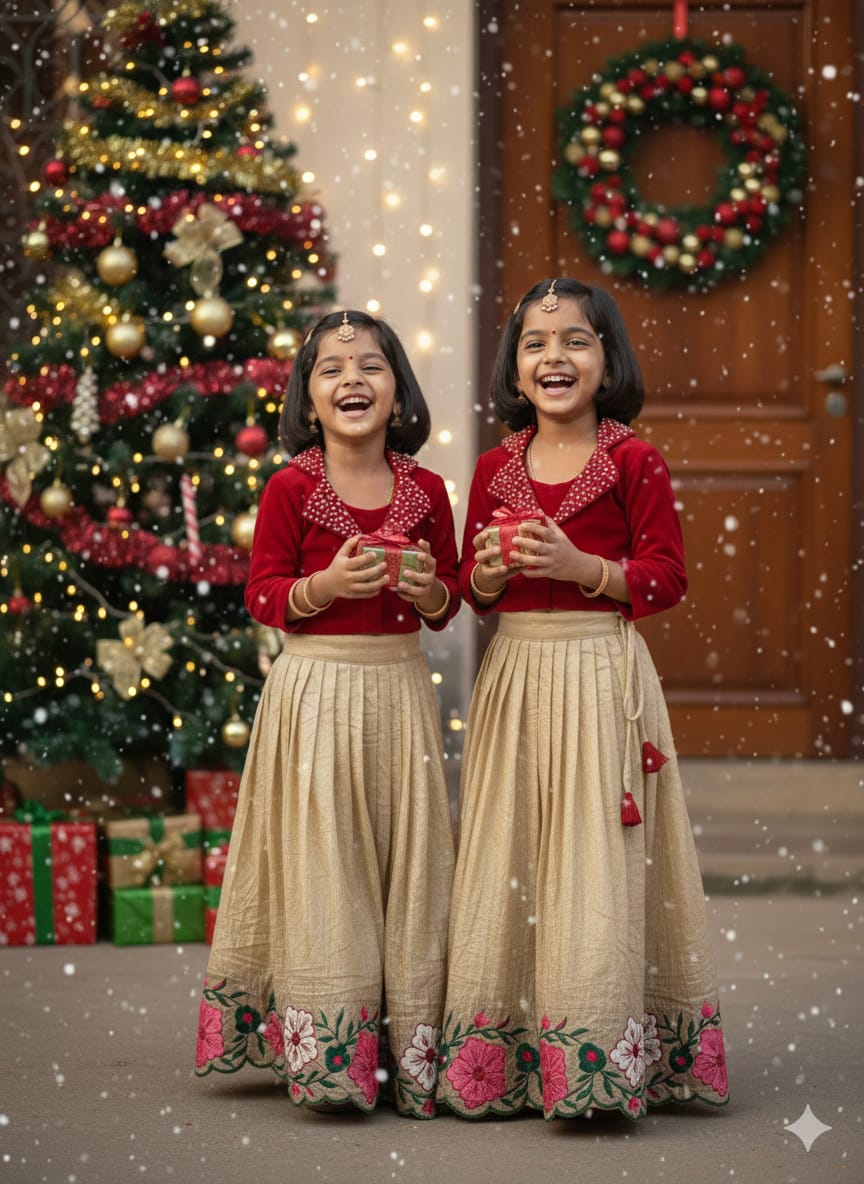 Two young girls in red velvet blouse and gold embroidered lehengas celebrating Christmas with gifts.