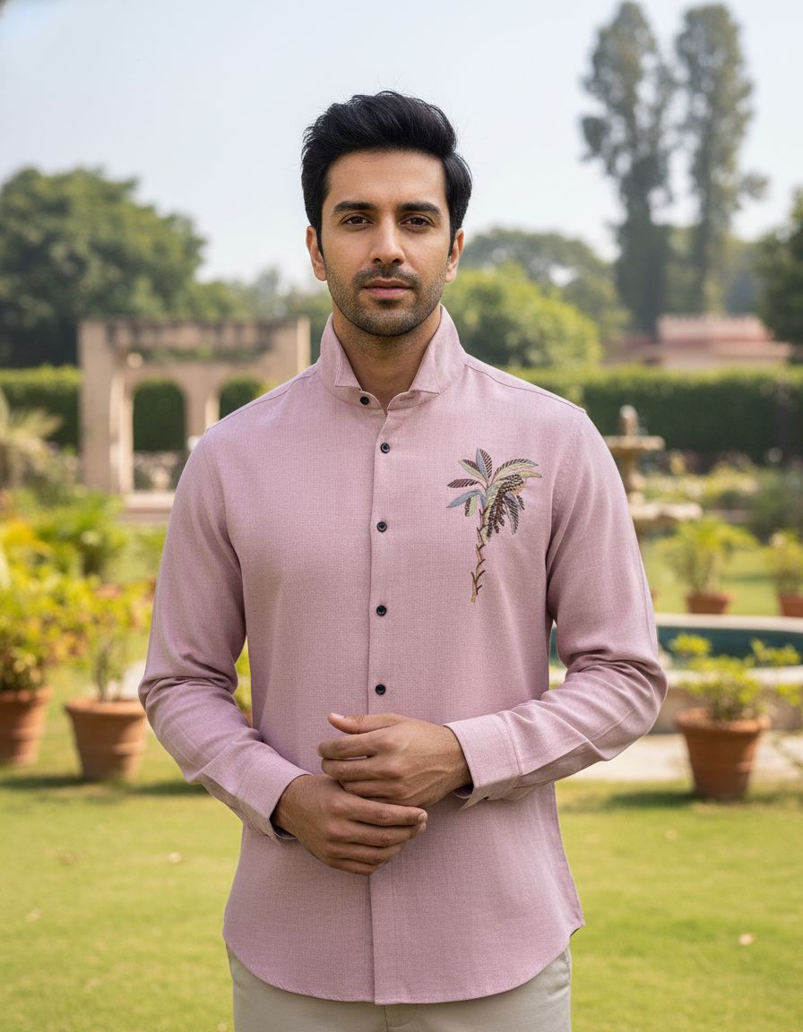 Man wearing a dusty rose linen shirt with unique embroidery on the chest, standing in an outdoor garden setting.