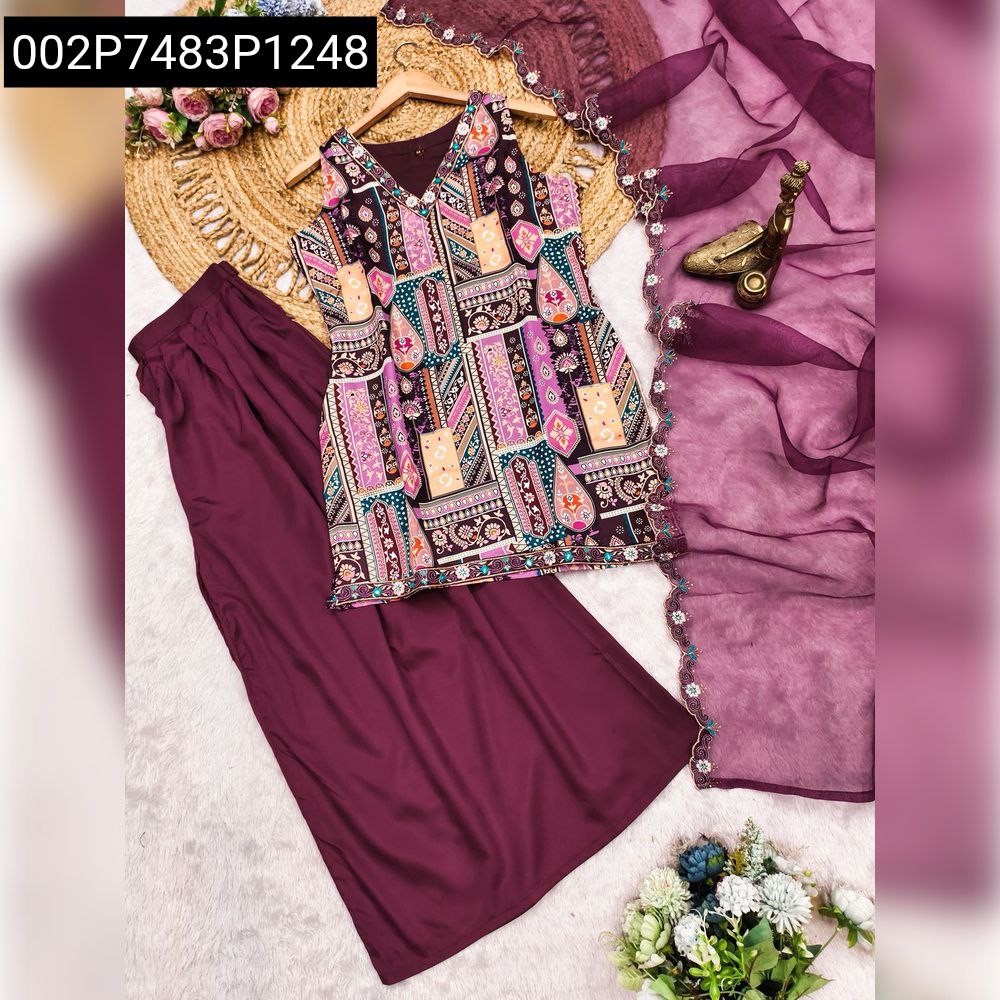 Full kurti set with top, pant, and dupatta, laid flat with accessories in purple color.