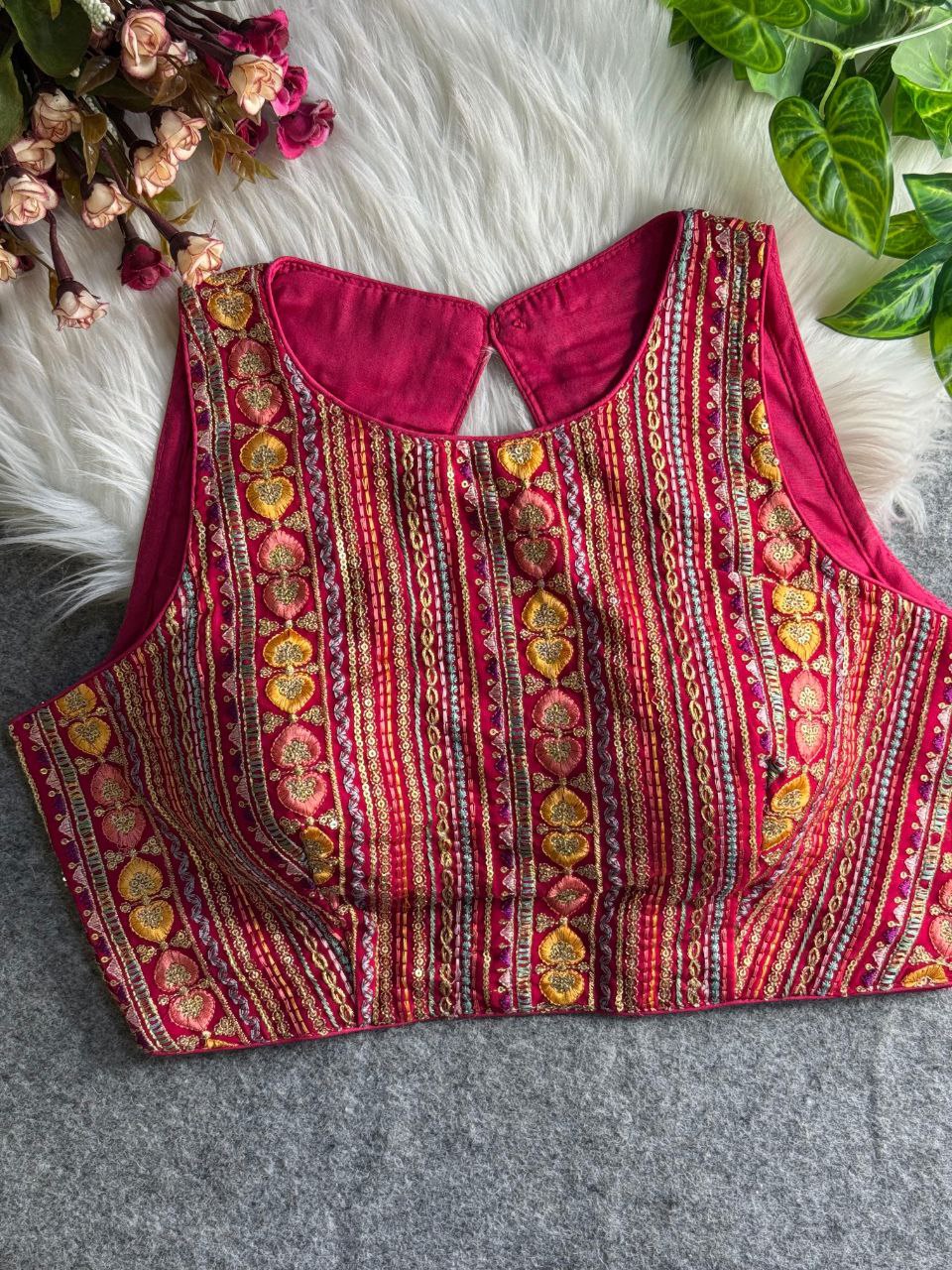 TRENDBUY Crimson Red Fox Georgette Embroidered Sleeveless Blouse with Heavy Multi-Work for Navratri and Party Wear