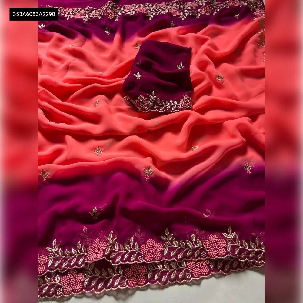 TRENDBUY Peach and Magenta Ombre Georgette Saree with heavy embroidery and sequence work, flat lay with matching blouse.