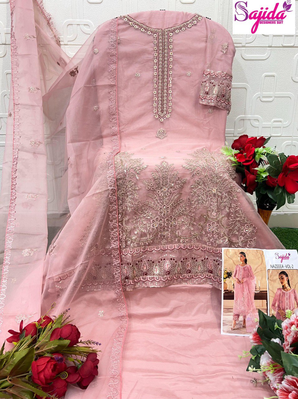 TRENDBUY Dusty Rose Organza Pakistani Suit with Heavy Embroidery and Khatli Work