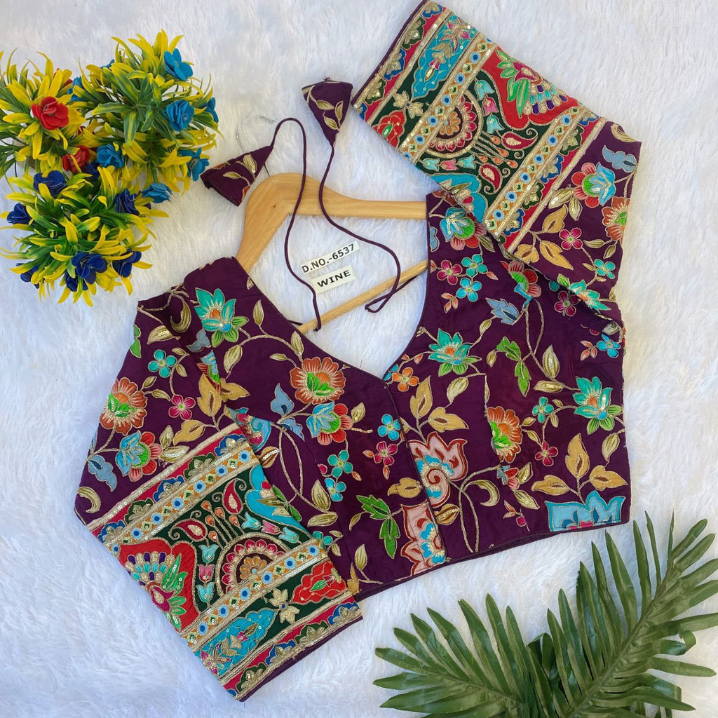 TRENDBUY Wine Embroidered Partywear Blouse for Women with Floral Design
