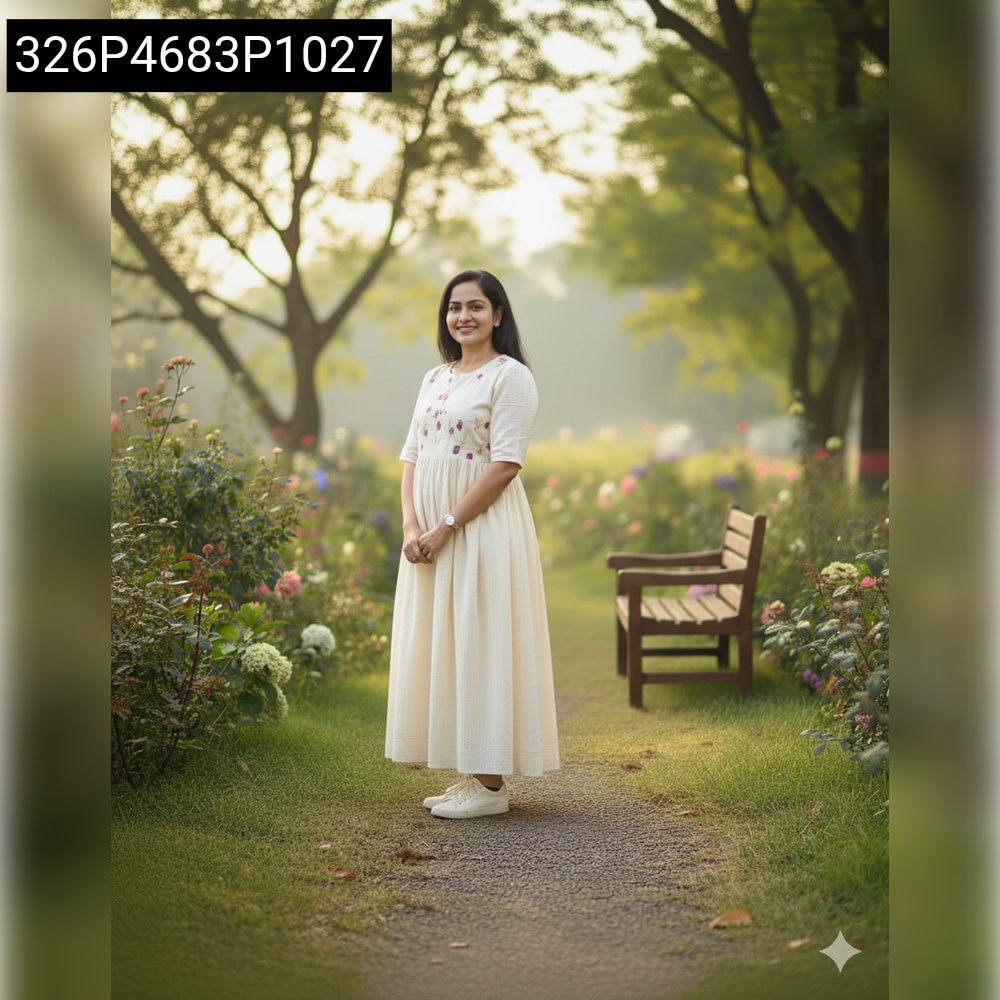 Woman posing gracefully in a cream embroidered Cora Cotton maxi dress in a lush garden.